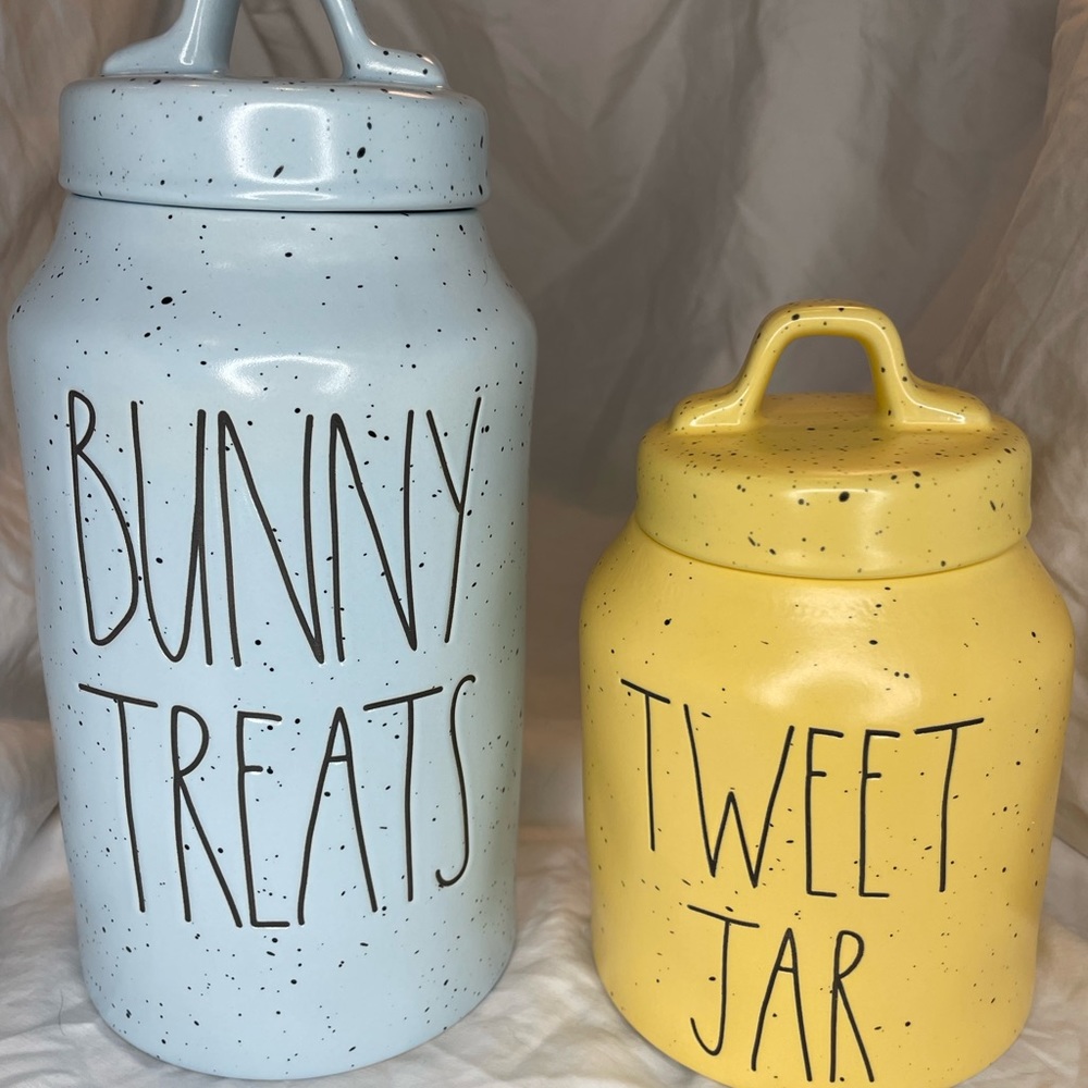 Rae Dunn Speckled Bunny Treats & Tweet Jar Canister Set NWT Easter Spring